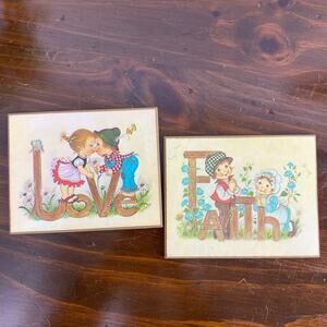 Vintage Eva Harta Faith & Love Wall Plaques 70s Kids Room Home Decor Set of 2
